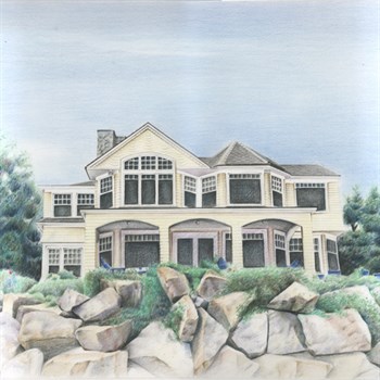 Hand Drawn Color Pencil Sketch of A Big Light Colored House Above A Stone Hill,by myDaVinci - myDaVinci